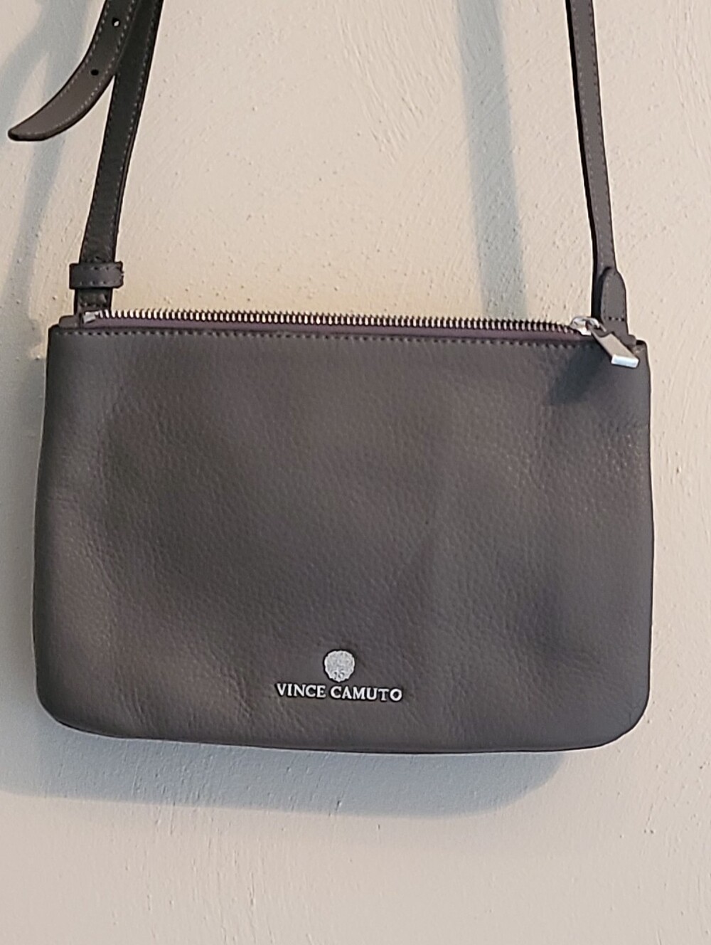 Vince Camuto Dark Gray Soft Pebbled Leather Crossbody Double Sections Zip
